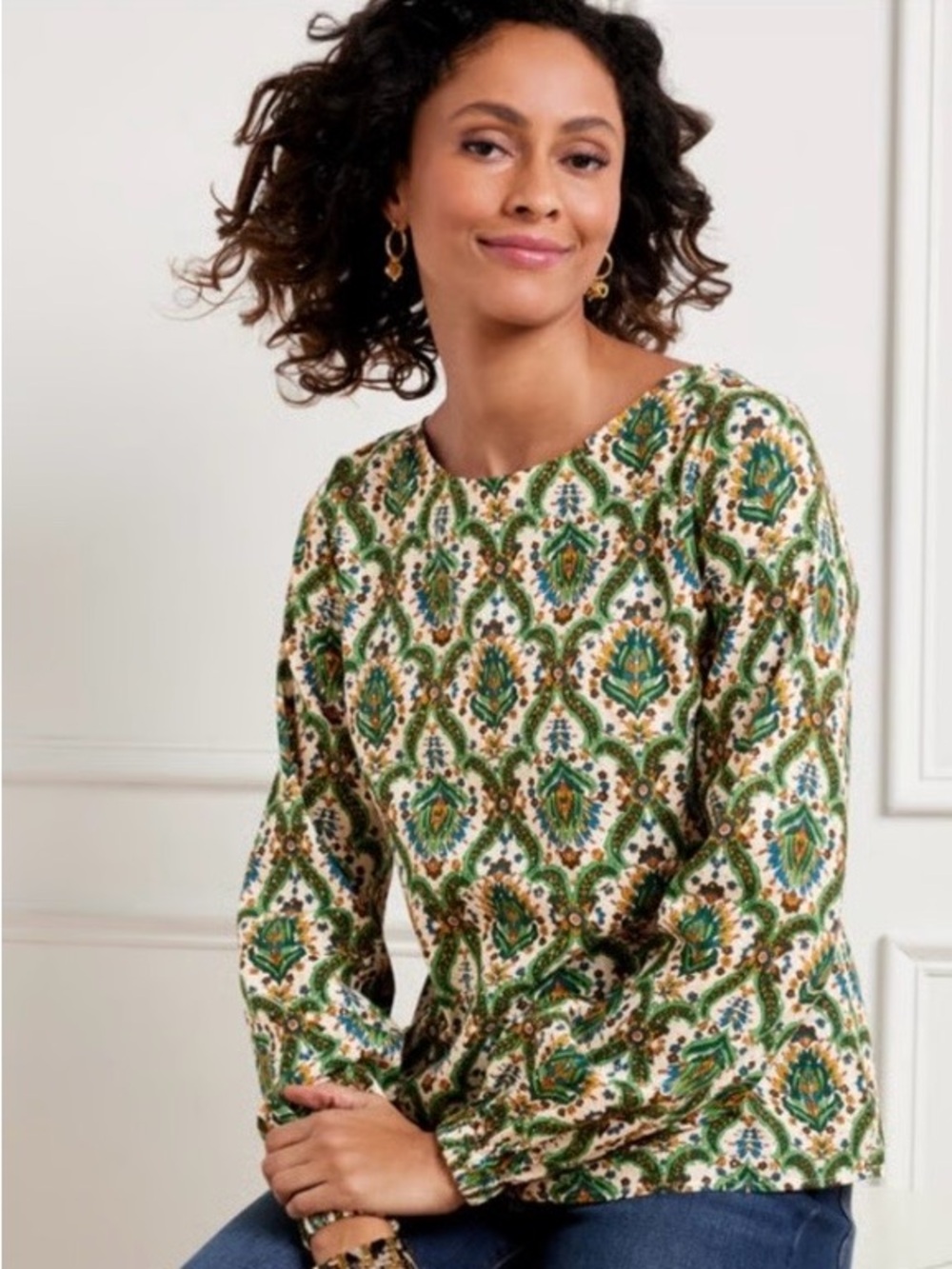 Talbots Floral Lattice Metallic Accent Boho Blouse Top Green Gold. Size Medium